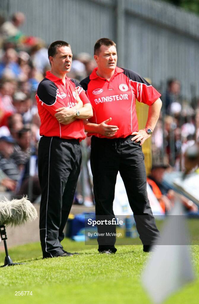 15 July 2007; Tyrone manager Raymond Muroe, right, and his assistant Cathal McAnenly on the sideline. ESB Ulster Minor Football Championship Final - Derry v Tyrone, St Tighearnach's Park, Clones, Co Monaghan. Picture credit: Oliver McVeigh / SPORTSFILE