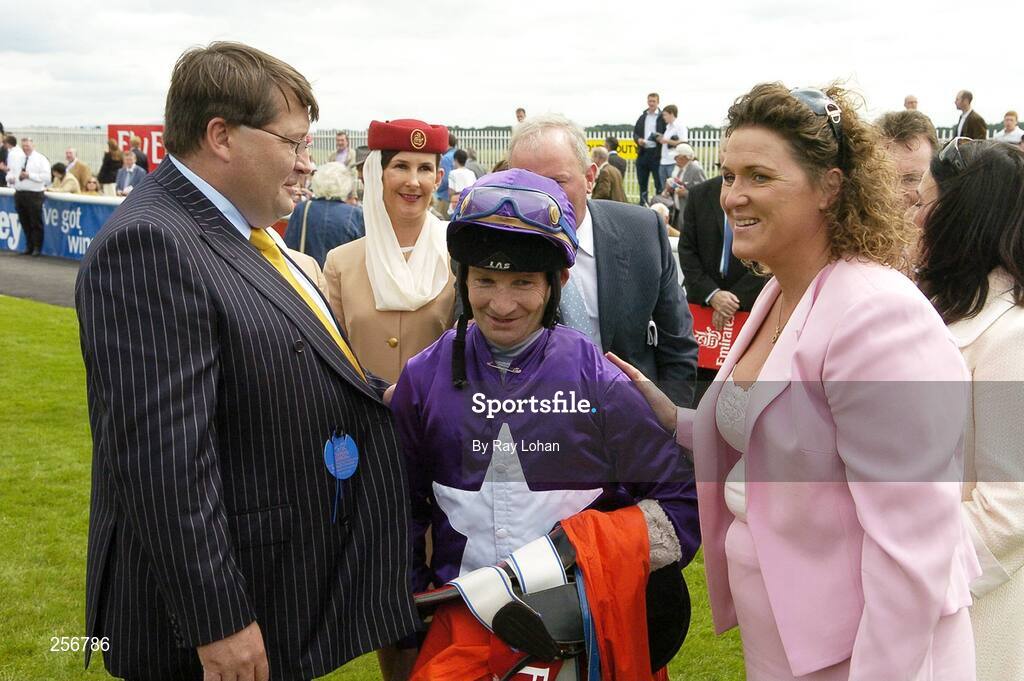 15 July 2007; Owner Ken Lynch, left, and Sheena Collins congratulate Jockey Pat Shanahan after winning the Emirates Airline Minstrel Stakes on Redstone Dancer. Curragh Racecourse, Co. Kildare. Picture credit: Ray Lohan / SPORTSFILE