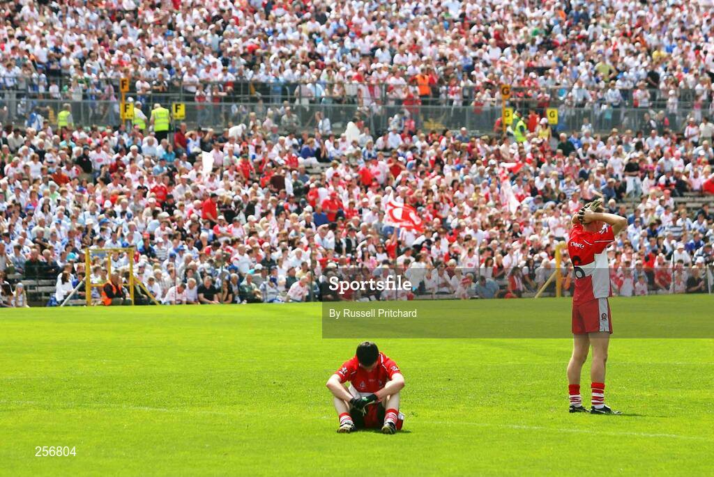 15 July 2007; Derry's John Francis Bradley, right, and team-mate Carlus McWilliams at the final whistle. ESB Ulster Minor Football Championship Final - Derry v Tyrone, St Tighearnach's Park, Clones, Co Monaghan. Picture credit: Russell Pritchard / SPORTSFILE