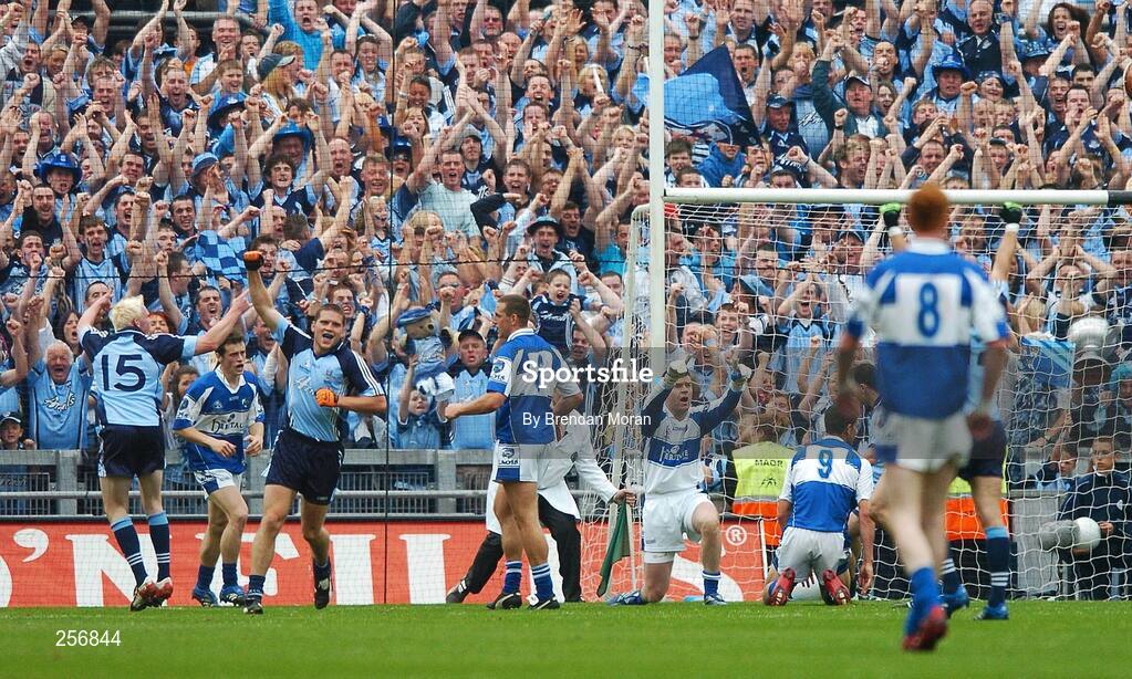 15 July 2007; Dublin supporters celebrate after Mark Vaughan, 15, Dublin, alongside team-mate Conal Keaney, scored his side's first goal. Bank of Ireland Leinster Senior Football Championship Final, Dublin v Laois, Croke Park, Dublin. Picture credit: Brendan Moran / SPORTSFILE