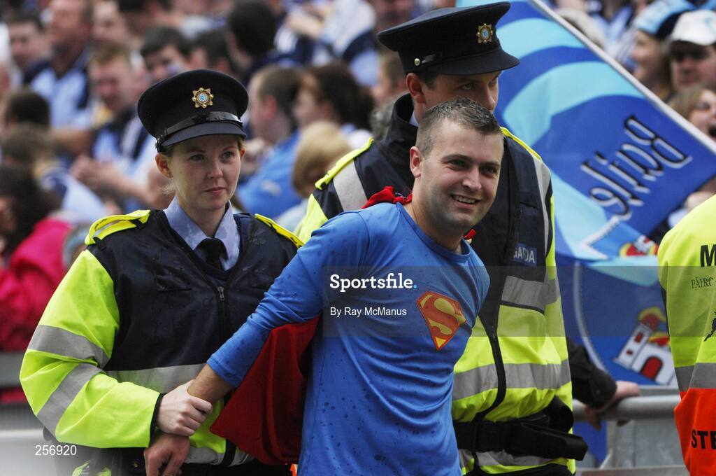 15 July 2007; 'Superman' is detained at half time after running on to the pitch. Bank of Ireland Leinster Senior Football Championship Final, Dublin v Laois, Croke Park, Dublin. Picture credit: Ray McManus / SPORTSFILE