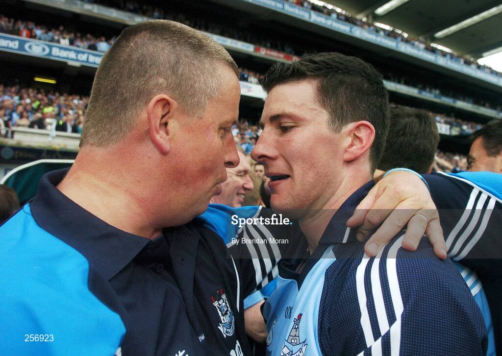 15 July 2007; Dublin manager Paul Caffrey with team captain Colin Moran after the game. Bank of Ireland Leinster Senior Football Championship Final, Dublin v Laois, Croke Park, Dublin. Picture credit: Brendan Moran / SPORTSFILE