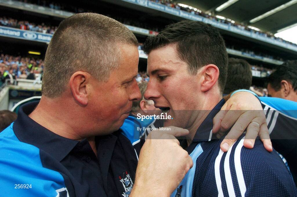 15 July 2007; Dublin manager Paul Caffrey with team captain Colin Moran after the game. Bank of Ireland Leinster Senior Football Championship Final, Dublin v Laois, Croke Park, Dublin. Picture credit: Brendan Moran / SPORTSFILE