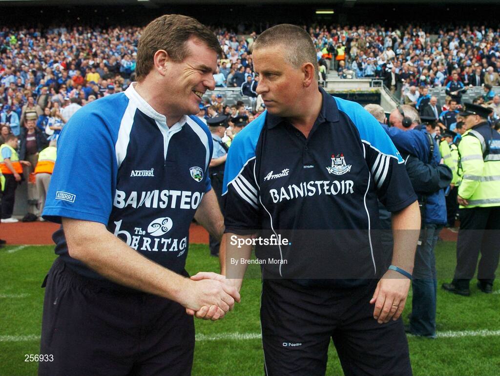 15 July 2007; Laois manager Liam Kearns congratulates Dublin manager Paul Caffrey after the final whistle. Bank of Ireland Leinster Senior Football Championship Final, Dublin v Laois, Croke Park, Dublin. Picture credit: Brendan Moran / SPORTSFILE