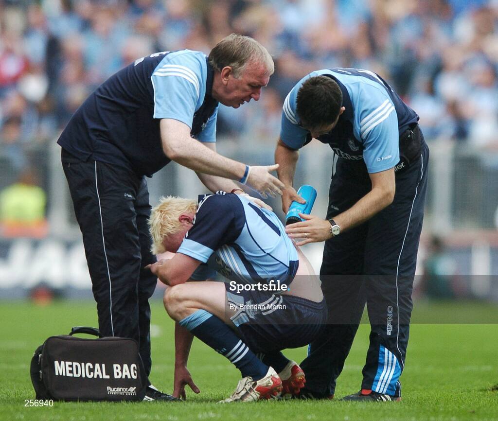 15 July 2007; Mark Vaughan, Dublin, is treated by the Dublin medical staff late in the game. Bank of Ireland Leinster Senior Football Championship Final, Dublin v Laois, Croke Park, Dublin. Picture credit: Brendan Moran / SPORTSFILE