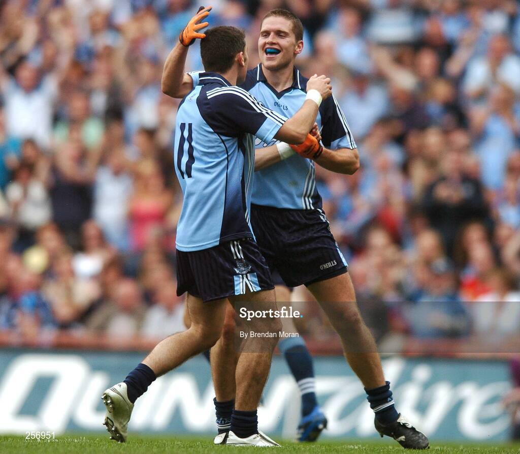 15 July 2007; Alan Brogan, 11, Dublin, is congratulated by team-mate Conal Keaney after scoring their side's third goal. Bank of Ireland Leinster Senior Football Championship Final, Dublin v Laois, Croke Park, Dublin. Picture credit: Brendan Moran / SPORTSFILE