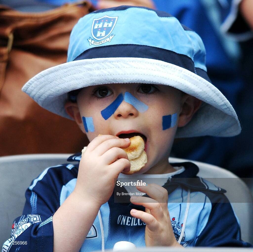15 July 2007; Dublin supporter Scott McConnell, age 3 1/2, from Saggart, Co. Dublin, has a bite to eat during the game. Bank of Ireland Leinster Senior Football Championship Final, Dublin v Laois, Croke Park, Dublin. Picture credit: Brendan Moran / SPORTSFILE