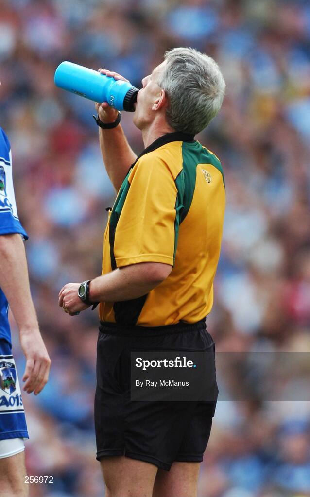 15 July 2007; Referee Michael Hughes enjoys a drink during the game. Bank of Ireland Leinster Senior Football Championship Final, Dublin v Laois, Croke Park, Dublin. Picture credit: Ray McManus / SPORTSFILE
