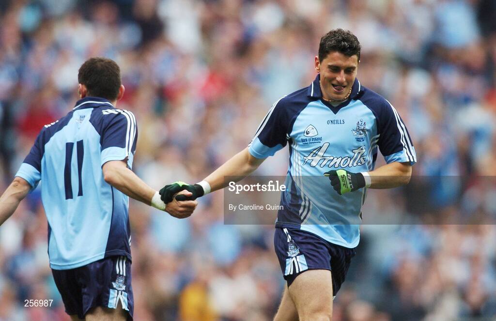15 July 2007; Alan Brogan, left, celebrates scoring the third Dublin goal with his team-mate and brother Bernard who scored the second goal. Bank of Ireland Leinster Senior Football Championship Final, Dublin v Laois, Croke Park, Dublin. Picture credit: Caroline Quinn / SPORTSFILE