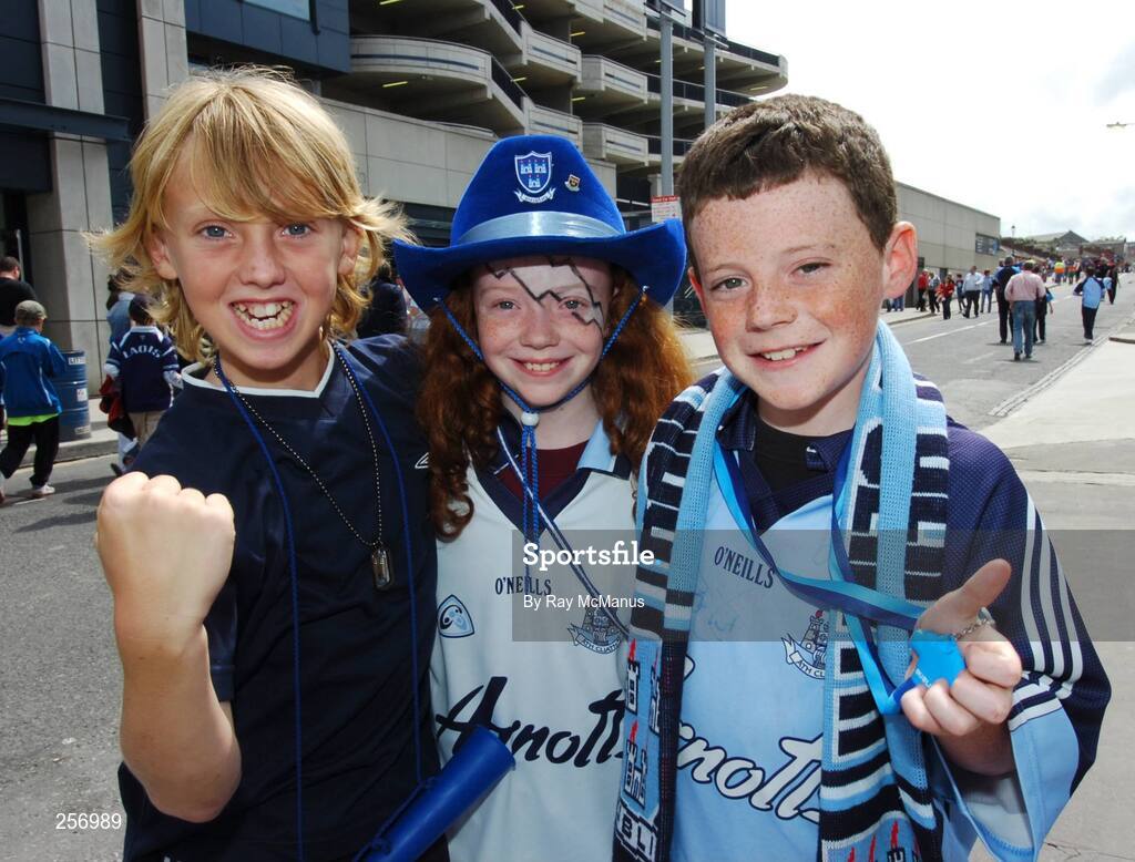 15 July 2007; Dublin supporters Ben Butterly, Rachael Halpin and her brother Colin from Rush cheer on their team before the game. Bank of Ireland Leinster Senior Football Championship Final, Dublin v Laois, Croke Park, Dublin. Picture credit: Ray McManus / SPORTSFILE