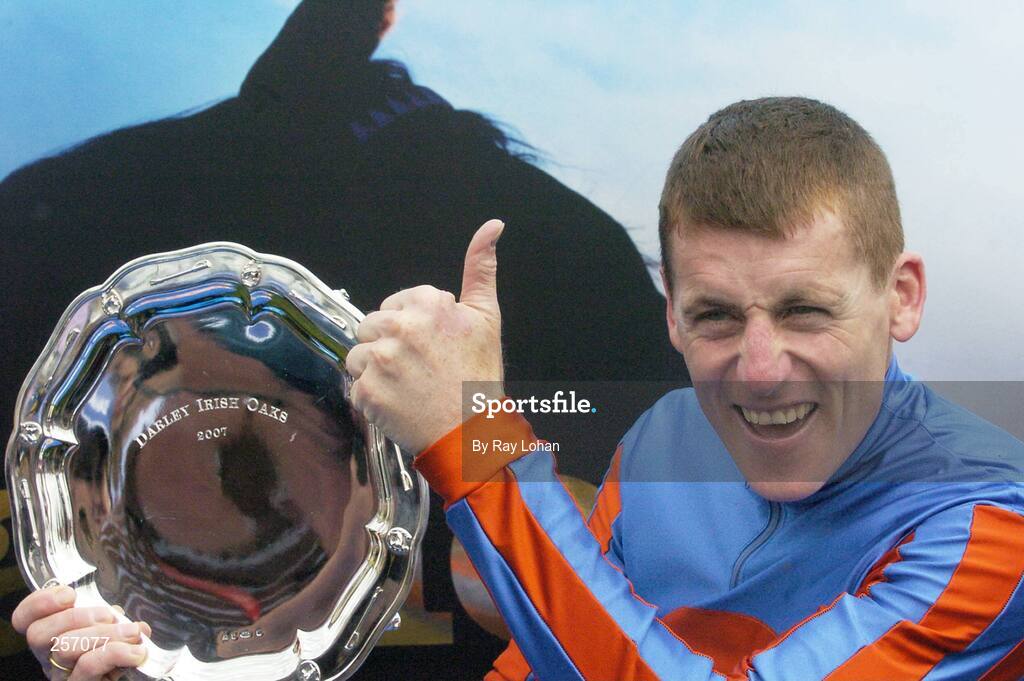 15 July 2007; Johnny Murtagh celebrates after winning the Darley Irish Oaks on Peeping Fawn. Curragh Racecourse, Co. Kildare. Picture credit: Ray Lohan / SPORTSFILE
