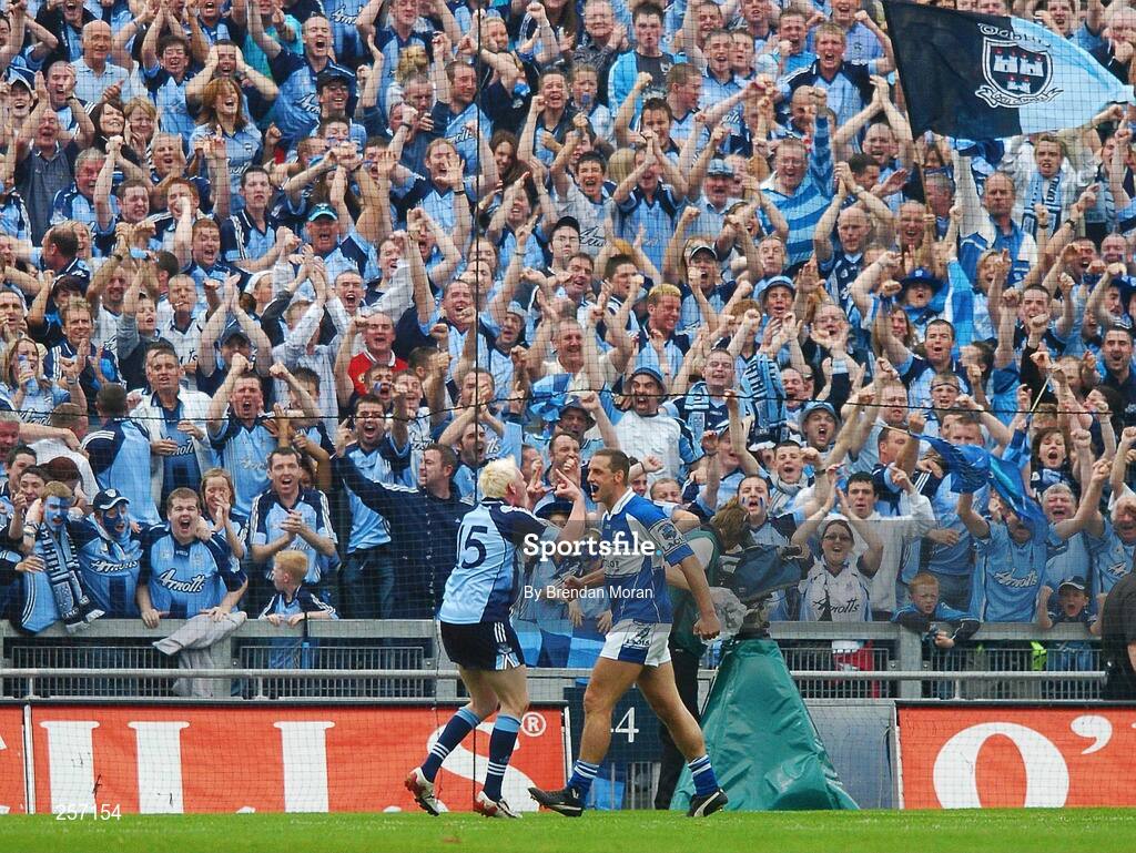 15 July 2007; Dublin goalscorer Mark Vaughan, 15, celebrates in front of Darren Rooney and the Dublin fans on Hill 16 after scoring his side's first goal. Bank of Ireland Leinster Senior Football Championship Final, Dublin v Laois, Croke Park, Dublin. Picture credit: Brendan Moran / SPORTSFILE