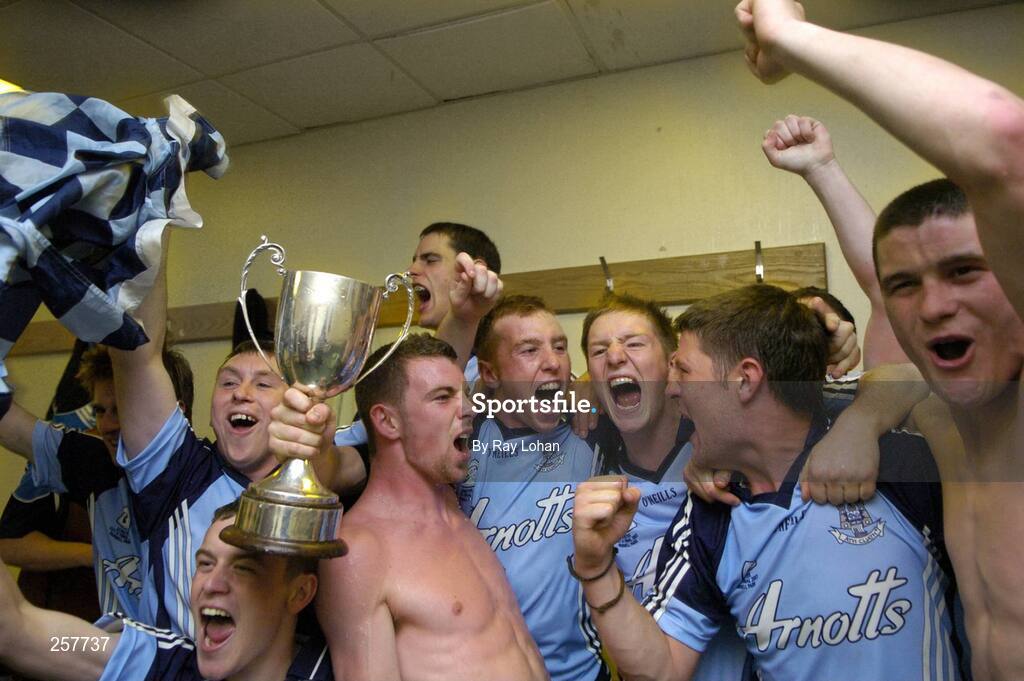 18 July 2007; Dublin players, from left, Stephen Loughlin, Stephen Ennis, Jack Gilligan, John McCaffrey, Eugene Farrell, Eoin Moran and Diarmuid Connolly, celebrate with the cup. U21 Leinster Hurling Championship final, Dublin v Offaly, Parnell Park, Dublin. Picture Credit; Ray Lohan / SPORTSFILE *** Local Caption ***