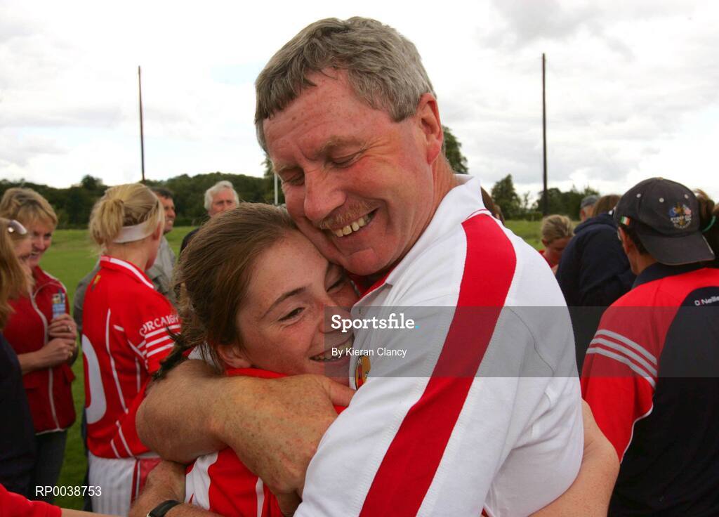 15 July 2007; Cork manager Charlie McLaughlin congratulates four goal hero Rhona Buckley. TG4 Ladies All-Ireland Minor Football Final, Dublin v Cork, JJ Brackens GAA Club, Templemore, Co. Tipperary. Picture credit: Kieran Clancy / SPORTSFILE
