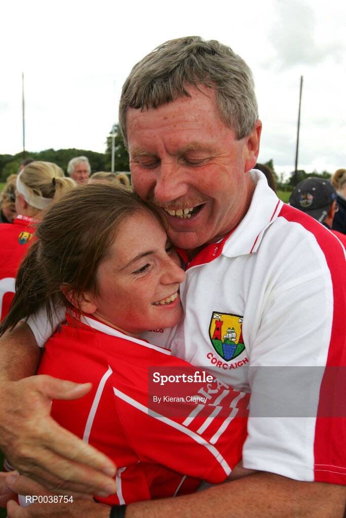15 July 2007; Cork manager Charlie McLaughlin congratulates four goal hero Rhona Buckley. TG4 Ladies All-Ireland Minor Football Final, Dublin v Cork, JJ Brackens GAA Club, Templemore, Co. Tipperary. Picture credit: Kieran Clancy / SPORTSFILE