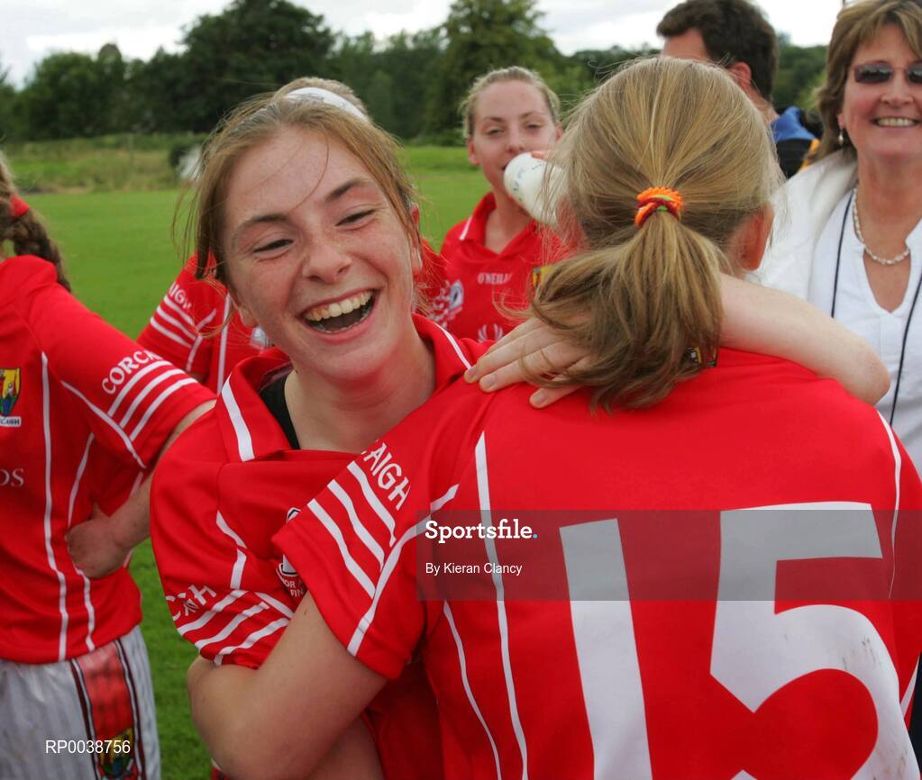 15 July 2007; Cork's four goal hero Rhona Buckley celebrates with team-mate Noelle Corkery. TG4 Ladies All-Ireland Minor Football Final, Dublin v Cork, JJ Brackens GAA Club, Templemore, Co. Tipperary. Picture credit: Kieran Clancy / SPORTSFILE