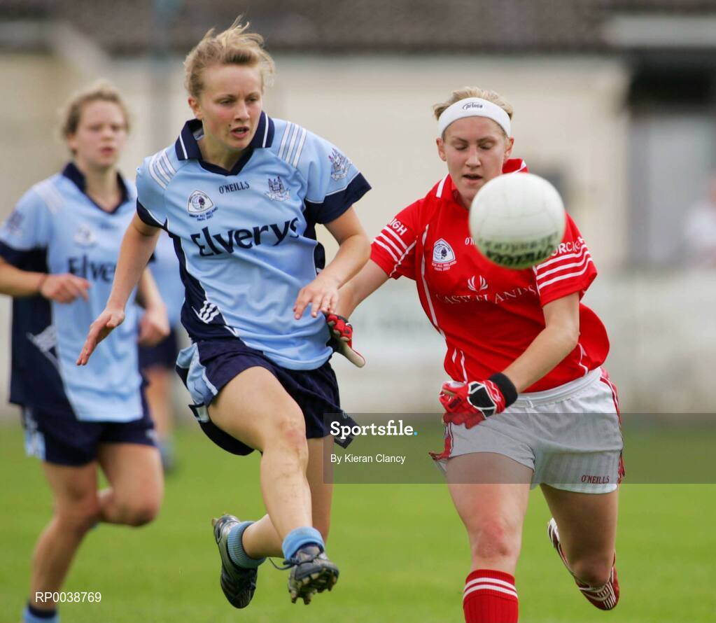 15 July 2007; Karen McGlynn, Dublin, in action against Jenny Luddy, Cork. TG4 Ladies All-Ireland Minor Football Final, Dublin v Cork, JJ Brackens GAA Club, Templemore, Co. Tipperary. Picture credit: Kieran Clancy / SPORTSFILE
