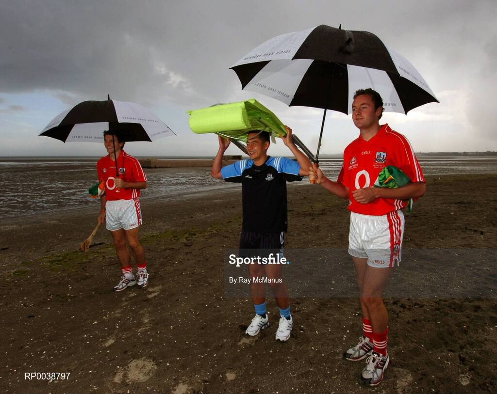 17 July 2007; Dublin footballer Jason Sherlock, Cork hurler Tom Kenny, left, and Cork footballer James Masters, who are three of those that were announced as Ariel GAA Championship Bright Ambassadors for 2007. This summer, Ariel is giving away free exclusive GAA towels with promotional packs. Martello Tower, Sandymount Strand, Dublin. Picture credit: Ray McManus / SPORTSFILE