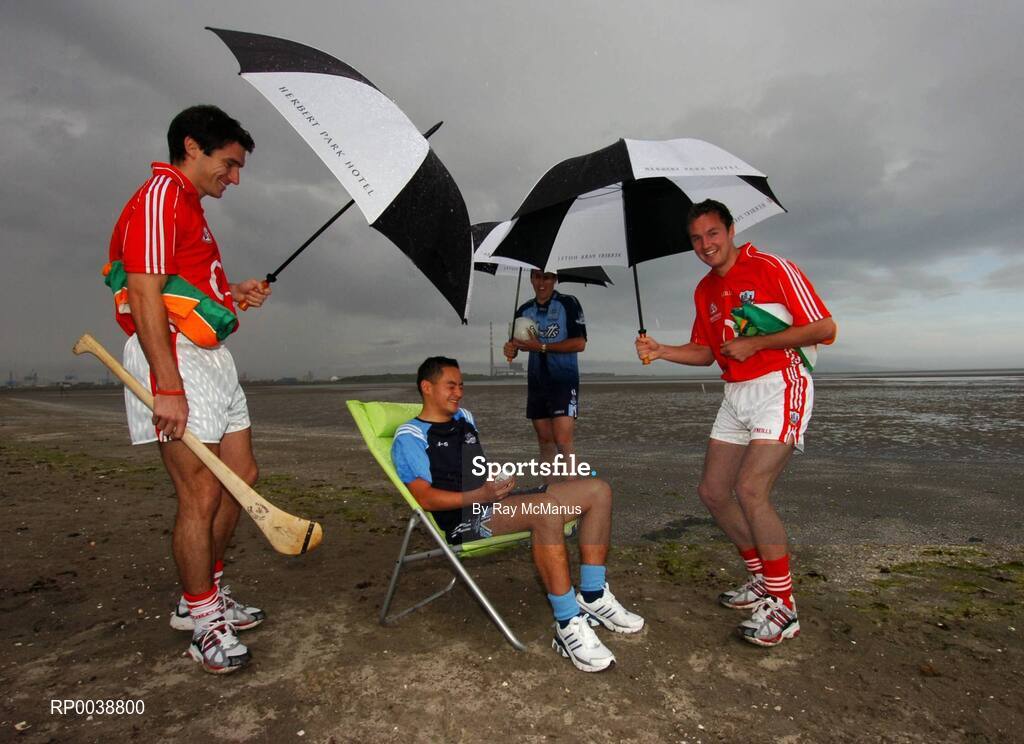 17 July 2007; Dublin footballers Jason Sherlock and Ciaran Whelan, Cork hurler Tom Kenny, left, and Cork footballer James Masters, were announced as Ariel GAA Championship Bright Ambassadors for 2007. Ladies Football All Star Grainne Nulty from Meath and Wexford Camogie captain Mary Leacy also attended the launch event. This summer, Ariel is giving away free exclusive GAA towels with promotional packs. Martello Tower, Sandymount Strand, Dublin. Picture credit: Ray McManus / SPORTSFILE