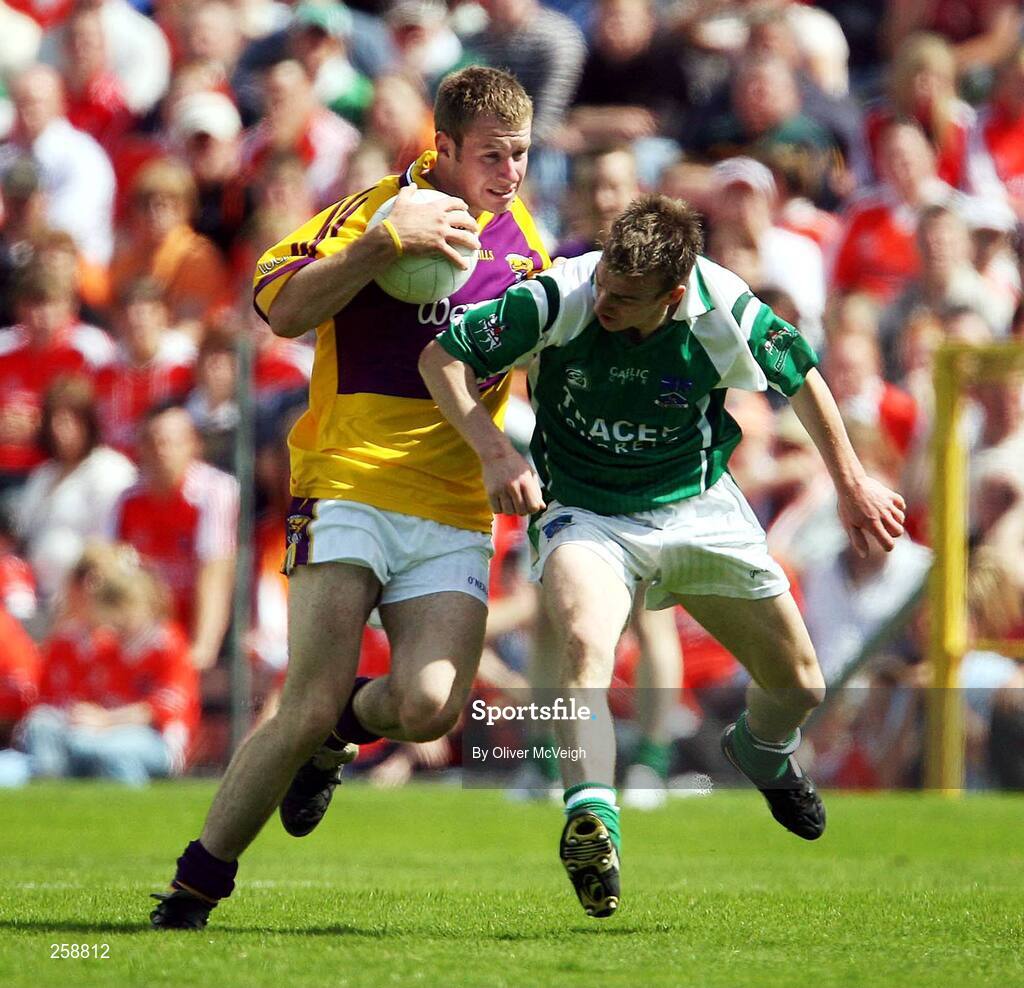 8 July 2007; Paddy Byrne, Wexford, in action against Shane Goan, Fermanagh. Bank of Ireland All-Ireland Senior Football Championship Qualifier, Round 1, Fermanagh v  Wexford, St Tighearnach's Park, Clones, Co. Monaghan. Picture credit: Oliver McVeigh / SPORTSFILE