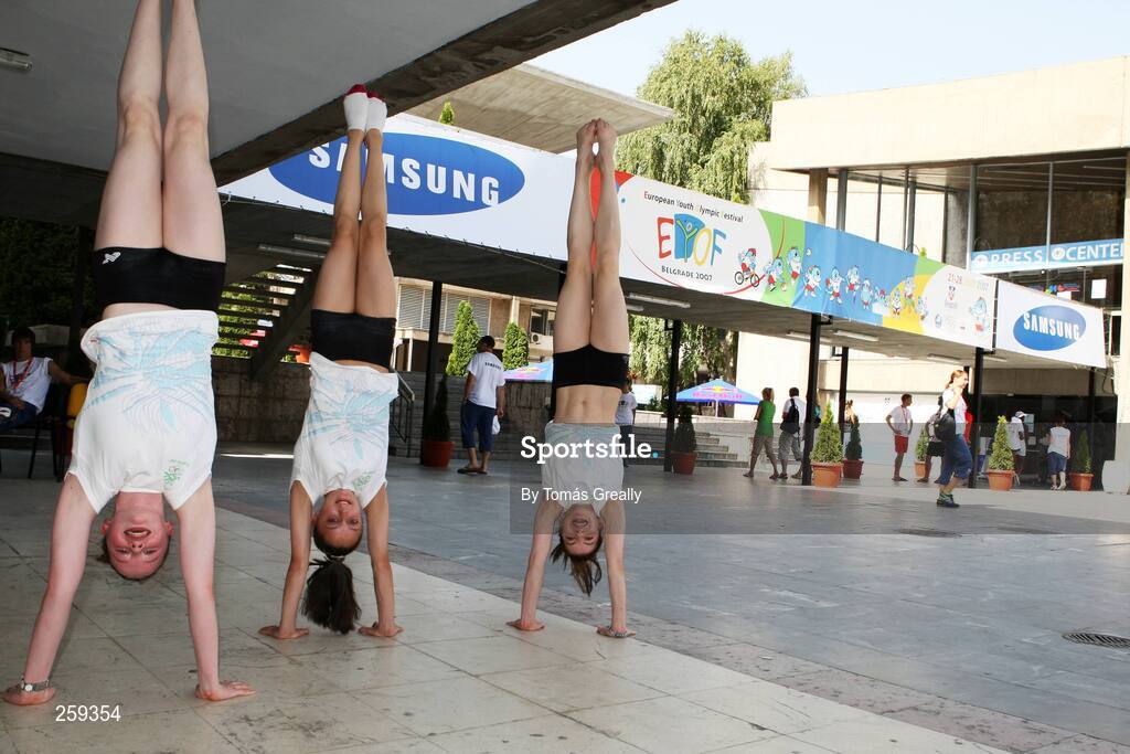 23 July 2007; Gymnasts who will compete for Ireland, from left, Aimee O'Driscoll, Douglas Gymnastics club, Co.Cork, Emma Gorman and Rebecca Wallace, both from the SALTO Gymnastic club, Co. Antrim, demonstrate their skills in the Olympic village. All three girls will compete in their Gymnastic events on Tuesday the 24th of July. European Youth Olympic Festival, Belgrade, Serbia. Picture credit: Tomás Greally / SPORTSFILE