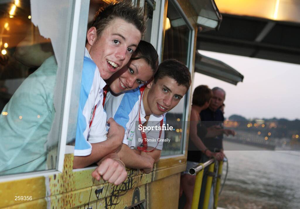 23 July 2007; Swimmers competing for Ireland, from left, William Ensor, Westwood CRC, Co. Dublin, Gráinne Murphy, Limerick High Performance S.C, Co. Limerick, and Micheal Dawson, Ards S.C, Co. Down, enjoy a boat trip on the river Danube. All three athletes will compete over the week of the 23rd to the 27th of July. European Youth Olympic Festival, Belgrade, Serbia. Picture credit: Tomás Greally / SPORTSFILE *** Local Caption ***