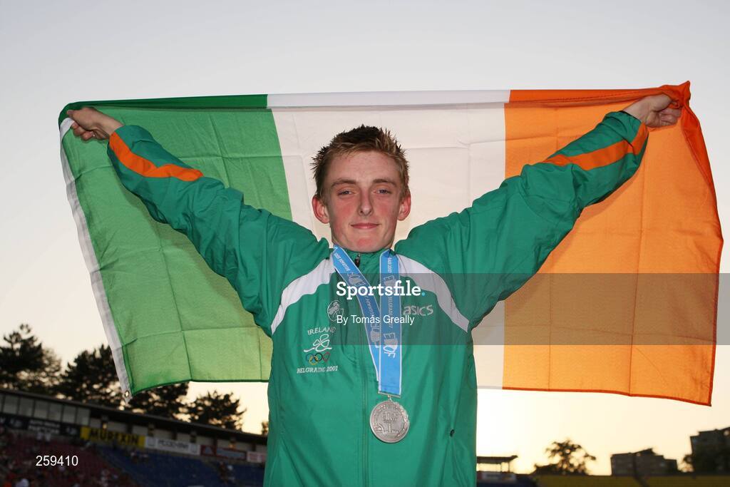 23 July 2007; Ireland's Noel Collins celebrates with the silver place medal he won in the boys 2000m Steeplechase final in a time of 5.52.06. European Youth Olympic Festival, Belgrade, Serbia. Picture credit: Tomás Greally / SPORTSFILE