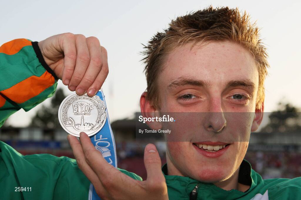 23 July 2007; Ireland's Noel Collins celebrates with the silver place medal he won in the boys 2000m Steeplechase final in a time of 5.52.06. European Youth Olympic Festival, Belgrade, Serbia. Picture credit: Tomás Greally / SPORTSFILE