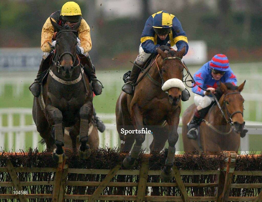 26 December 2002; Mullacash, right, with Paul Carberry up, leads Liscannor Lad, with Kieran kelly up, over the last on their way to win The Kerry Spring Maiden Hurdle, Leopardstown Racecourse, Foxrock, Co. Dublin. Horse racing. Picture credit; Ray McManus / SPORTSFILE