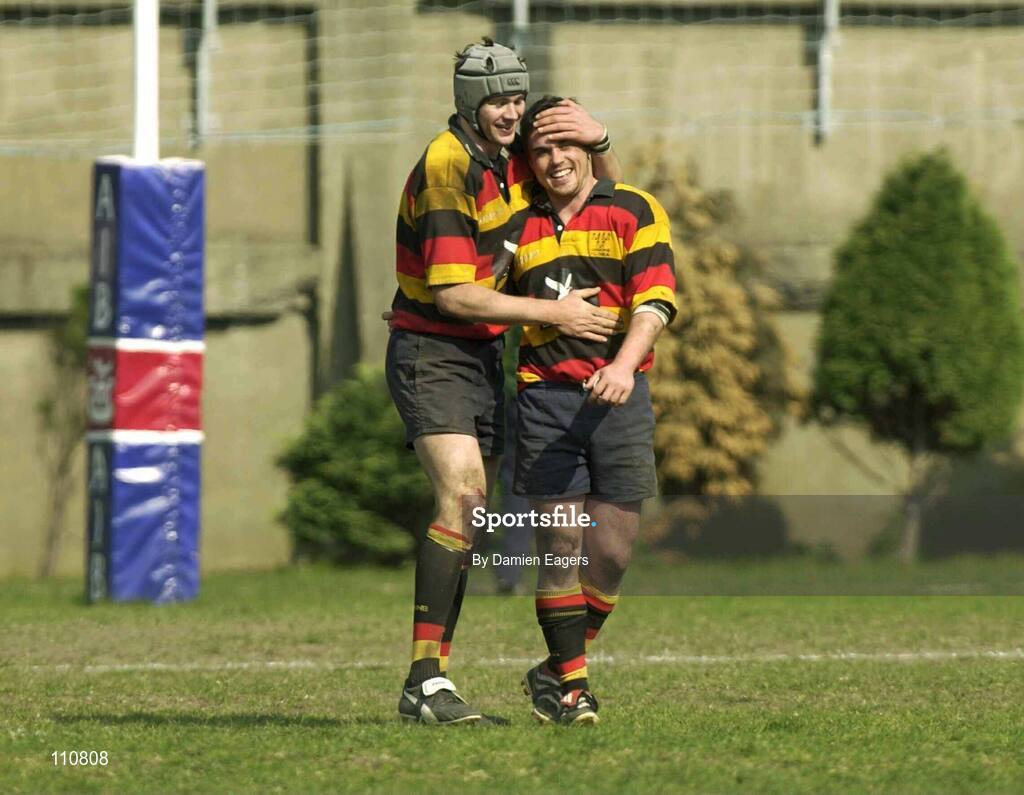 19 April 2003; Lansdowne's Matt Leek (right), is congratulated after his drop goal. AIB League, Division 1, Lansdowne v Galwegians, Lansdowne Road, Dublin. Picture credit; Damien Eagers / SPORTSFILE