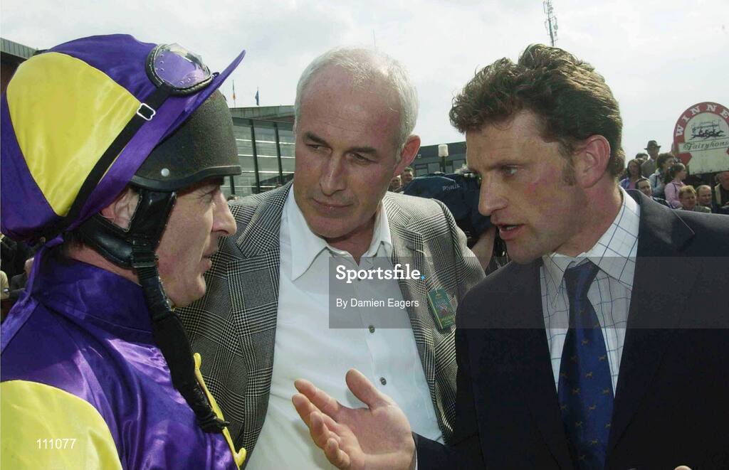 22 April 2003; Jockey Norman Williamson speaks to trainer Paul Nolan, right, and joint owner Alec Scallan after High Prospect had won The Powers Gold Label Handicap Hurdle Series Final. Fairyhouse Races, Fairyhouse racecourse, Co. Meath. Horse Racing. Picture credit; Damien Eagers / SPORTSFILE