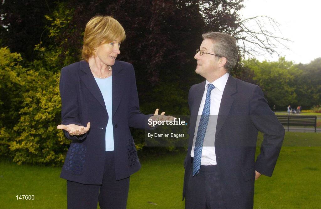 20 July 2004; Dr Phil Nolan, CEO of eircom speaks to Mary Davis, Director, Special Olympics Ireland before a photocall to celebrate eircom's 19 year support of the programme and announce details of eircom's continuing premier sponsorship of Special Olympics Ireland. Dublin. Picture credit; Damien Eagers / SPORTSFILE