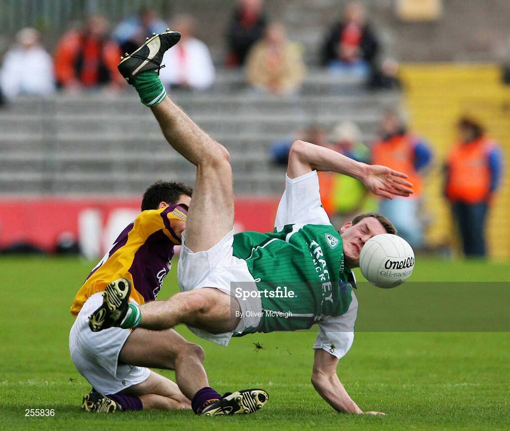 8 July 2007; James Sherry, Fermanagh, in action against Adrian Morrissey, Wexford. Bank of Ireland All-Ireland Senior Football Championship Qualifier, Round 1, Fermanagh v Wexford, St Tighearnach's Park, Clones, Co. Monaghan. Picture credit: Oliver McVeigh / SPORTSFILE