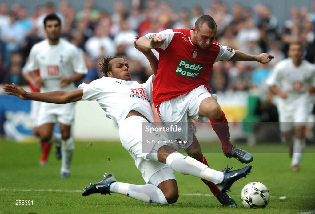 12 July 2007; Younes Kaboul, Tottenham Hotspur, tackles Mark Quigley, St Patrick's Athletic. Pre Season Friendly, St Patrick's Athletic v Tottenham Hotspur, Richmond Park, Dublin. Picture credit: Stephen McCarthy / SPORTSFILE