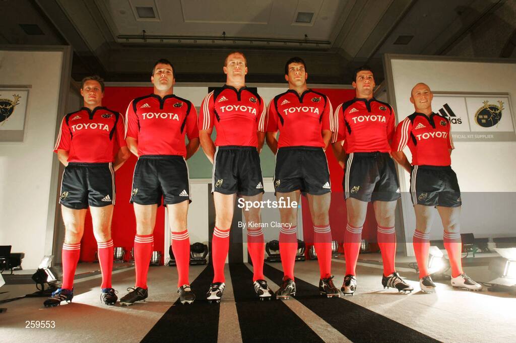 24 July 2007; Munster's Ronan O'Gara, Anthony Foley, Paul O'Connell, Donncha O'Callaghan, Denis Leamy and Peter Stringer at launch of the adidas Munster rugby kit. Dromoland Castle, Newmarket on Fergus, Co. Clare. Picture credit: Kieran Clancy / SPORTSFILE