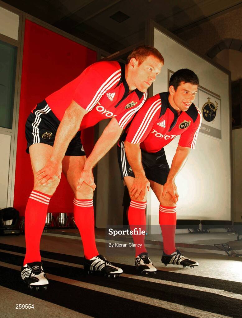 24 July 2007; Munster's Paul O'Connell and Denis Leamy at launch of the adidas Munster rugby kit. Dromoland Castle, Newmarket on Fergus, Co. Clare.  Picture credit: Kieran Clancy / SPORTSFILE