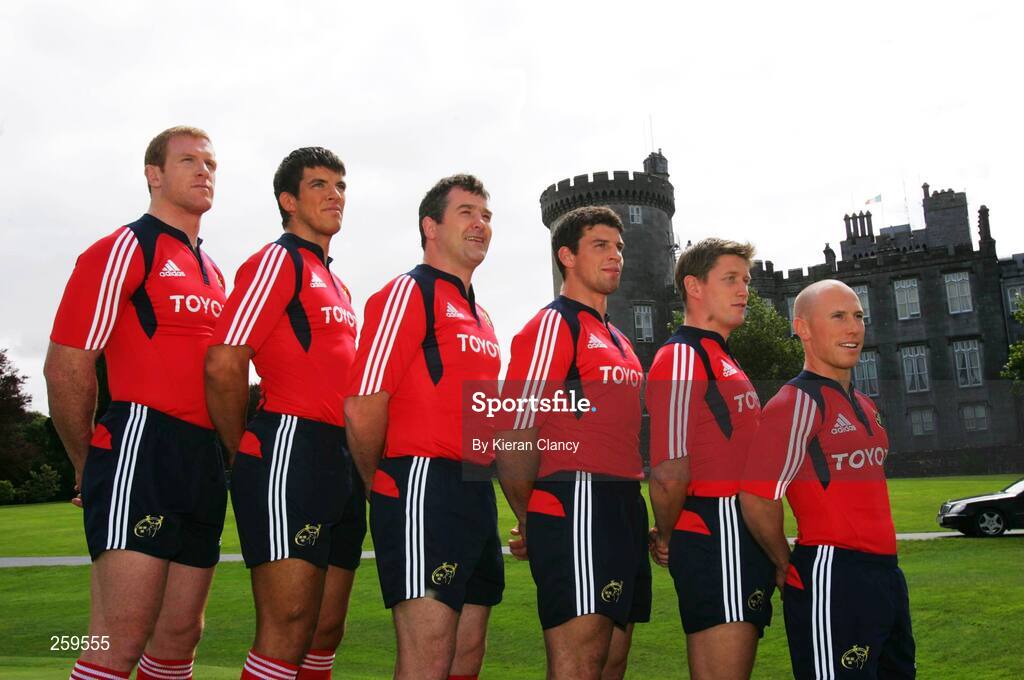 24 July 2007; Munster's Paul O'Connell, Donncha O'Callaghan, Anthony Foley, Denis Leamy, Ronan O'Gara and Peter Stringer at the launch of the  adidas Munster rugby kit. Dromoland Castle, Newmarket on Fergus, Co. Clare. - Picture credit: Kieran Clancy / SPORTSFILE