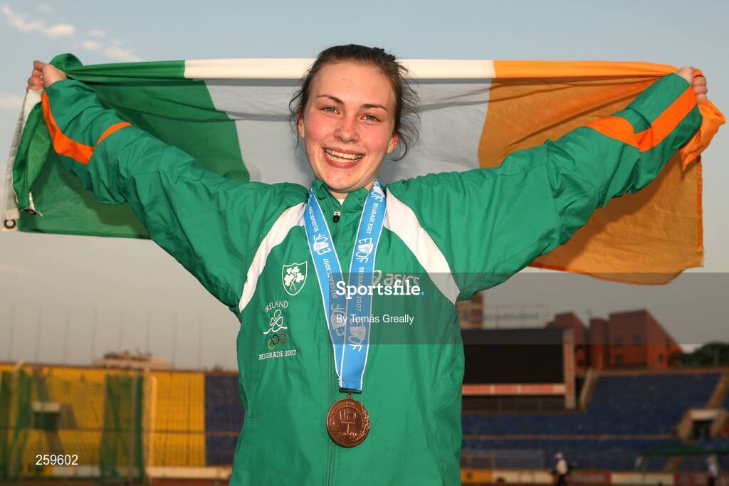 24 July 2007; Ireland's Niamh Whelan, from Co. Waterford, celebrates with her bronze medal that she won in the girls 100m final and also set a new personal best of 11.87. European Youth Olympic Festival, Belgrade, Serbia. Picture credit: Tomás Greally / SPORTSFILE
