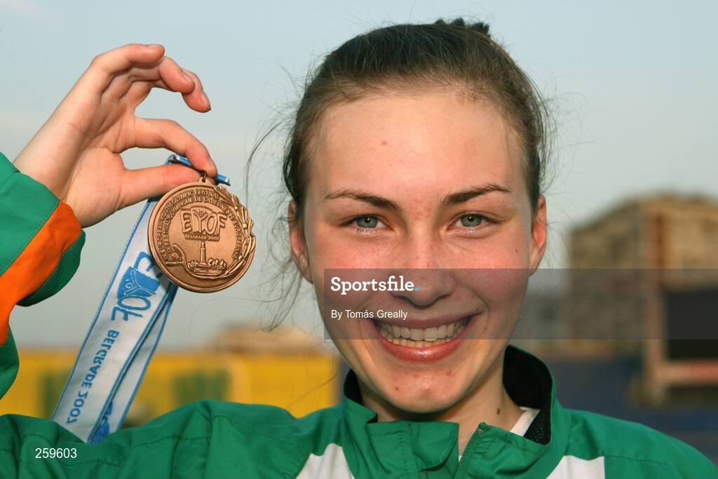 24 July 2007; Ireland's Niamh Whelan from, Co. Waterford, with her bronze medal that she won in the girls 100m final  and also set a new personal best of 11.87. European Youth Olympic Festival, Belgrade, Serbia. Picture credit: Tomás Greally / SPORTSFILE