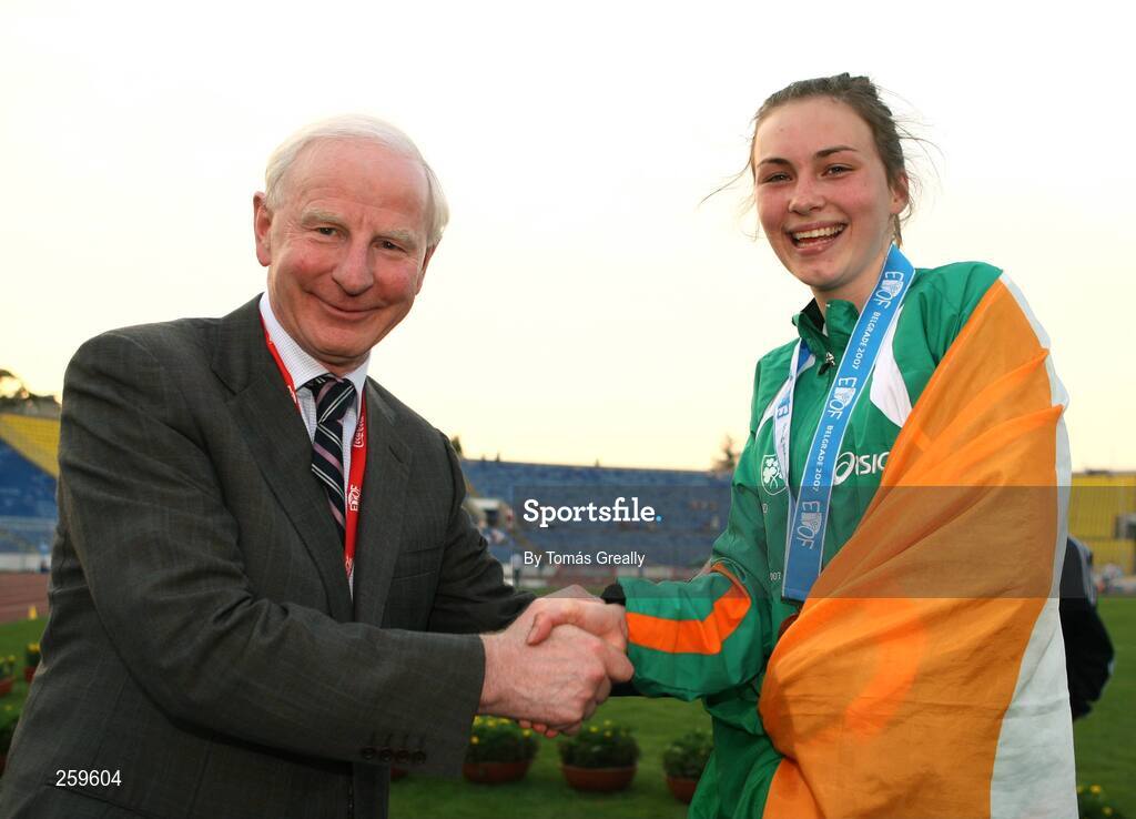 24 July 2007; OCI president Pat Hickey congratulates Ireland's Niamh Whelan, from Co. Waterford, after winning the bronze medal in the girls 100m final. European Youth Olympic Festival, Belgrade, Serbia. Picture credit: Tomás Greally / SPORTSFILE