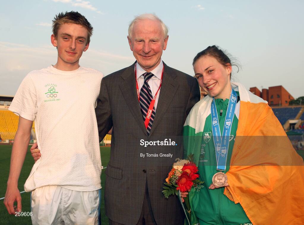 24 July 2007; OCI President Pat Hickey with Noel Collins, from Omagh, Co. Tyrone, who won a silver medal in the boys 2000m Steeplechase the previous evening, and Niamh Whelan, Co. Waterford, who won a bronze medal in the girls 100m final and also set a new personal best of 11.87. European Youth Olympic Festival, Belgrade, Serbia. Picture credit: Tomás Greally / SPORTSFILE