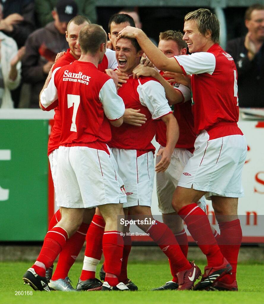 27 July 2007; St. Patrick's Athletic's Ryan Guy, centre, is congratulated by his team-mates after scoring his side's goal. eircom League of Ireland Premier Division, St. Patrick's Athletic v Cork City, Richmond Park, Dublin. Picture credit; Matt Browne / SPORTSFILE