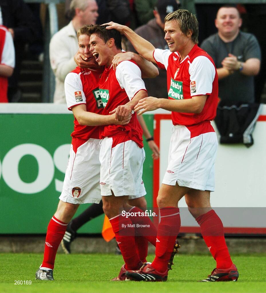 27 July 2007; St. Patrick's Athletic's Ryan Guy is congratulated by his team-mates Stephen Brennan, left, and Billy Gibson, after scoring his side's goal. eircom League of Ireland Premier Division, St. Patrick's Athletic v Cork City, Richmond Park, Dublin. Picture credit; Matt Browne / SPORTSFILE