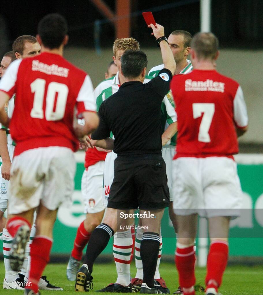 27 July 2007; Cork City's Sean Kelly is sent off by referee Damien Hancock. eircom League of Ireland Premier Division, St. Patrick's Athletic v Cork City, Richmond Park, Dublin. Picture credit; Matt Browne / SPORTSFILE