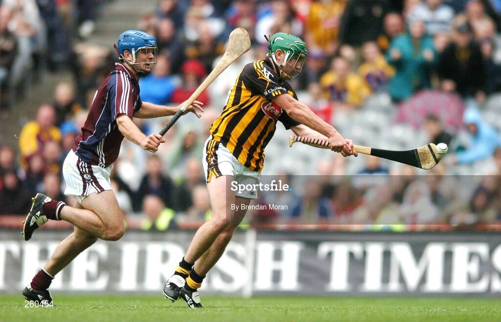28 July 2007; Kilkenny's Eddie Brennan scores his side's third goal and his second goal despite the challenge of Galway's David Collins. Guinness All-Ireland Senior Hurling Championship Quarter-Final, Kilkenny v Galway, Croke Park, Dublin. Picture credit; Brendan Moran / SPORTSFILE