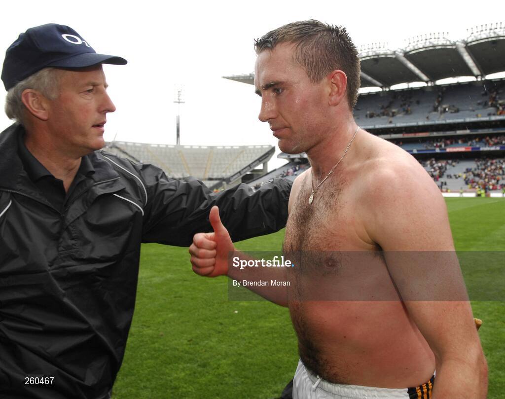 28 July 2007; Kilkenny's Eddie Brennan, who scored two goals for his side, is congratulated by county secretary Pat Dunphy. Guinness All-Ireland Senior Hurling Championship Quarter-Final, Kilkenny v Galway, Croke Park, Dublin. Picture credit; Brendan Moran / SPORTSFILE