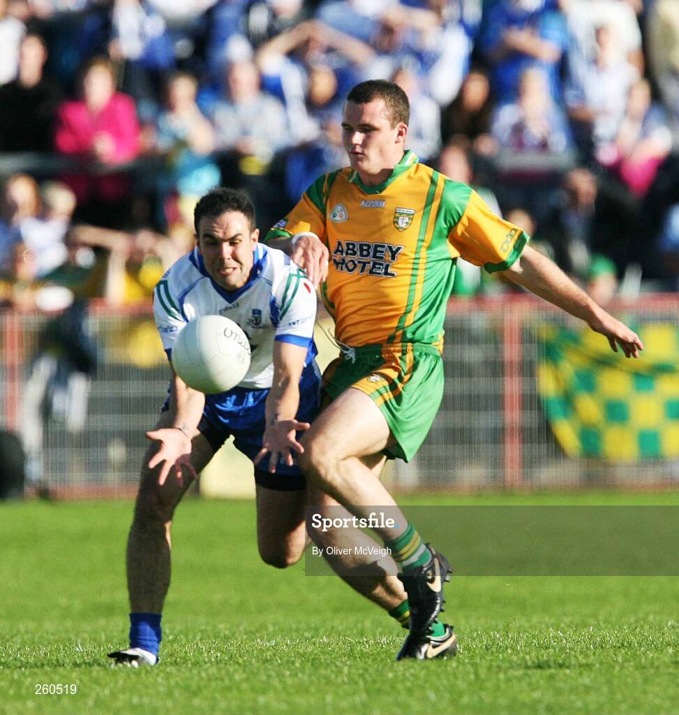 28 July 2007; Paul Finlay Monaghan, in action against Neil McGee, Donegal. Bank of Ireland All-Ireland Senior Football Championship Qualifier, Round 3, Donegal v Monaghan, Healy Park, Omagh, Co. Tyrone. Picture credit; Oliver McVeigh / SPORTSFILE