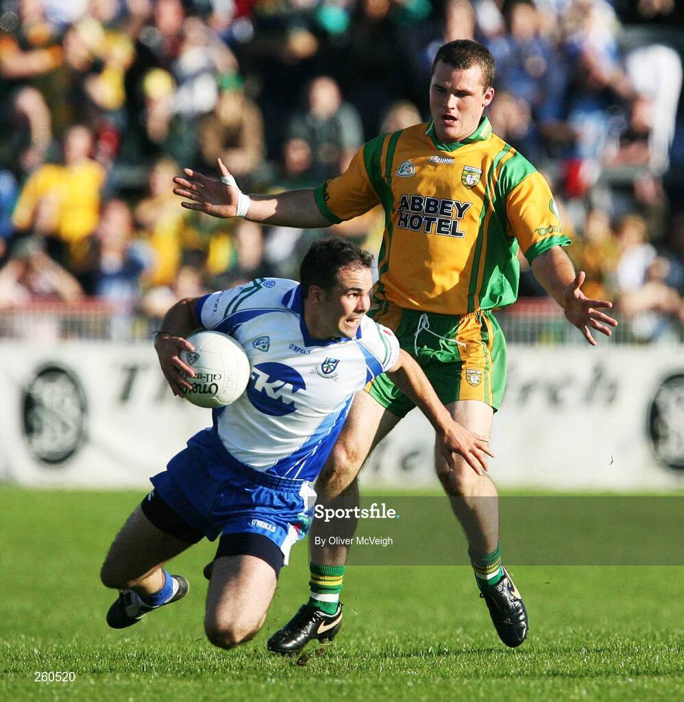 28 July 2007; Paul Finlay, Monaghan, in action against Neil McGee, Donegal. Bank of Ireland All-Ireland Senior Football Championship Qualifier, Round 3, Donegal v Monaghan, Healy Park, Omagh, Co. Tyrone. Picture credit; Oliver McVeigh / SPORTSFILE