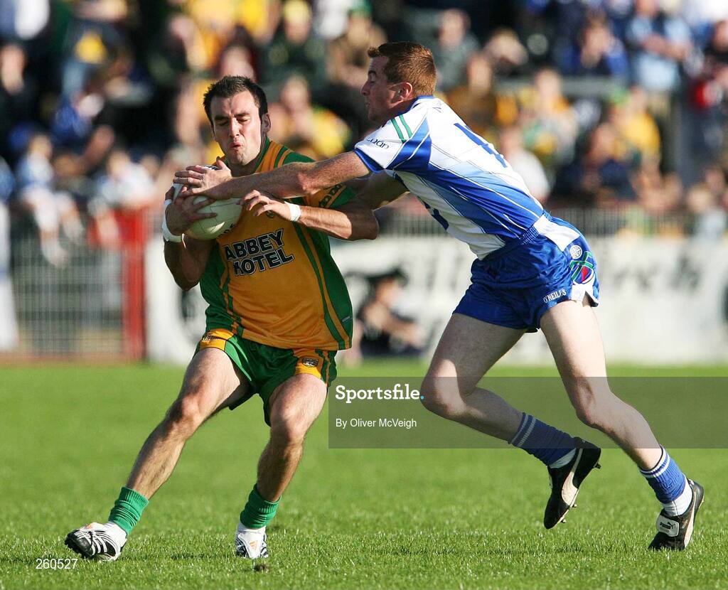 28 July 2007; Karl Lacey, Donegal, in action against Thomas Freeman, Monaghan. Bank of Ireland All-Ireland Senior Football Championship Qualifier, Round 3, Donegal v Monaghan, Healy Park, Omagh, Co. Tyrone. Picture credit; Oliver McVeigh / SPORTSFILE