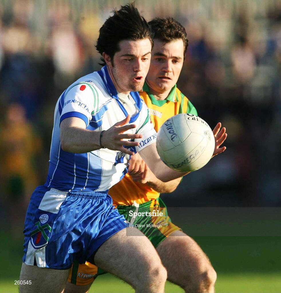 28 July 2007; Ciaran Hanratty Monaghan, in action against Barry Dunnion, Donegal. Bank of Ireland All-Ireland Senior Football Championship Qualifier, Round 3, Donegal v Monaghan, Healy Park, Omagh, Co. Tyrone. Picture credit; Oliver McVeigh / SPORTSFILE